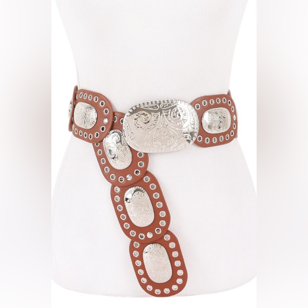 Brown & Silver Vegan Leather Western Concho Statement Belt
